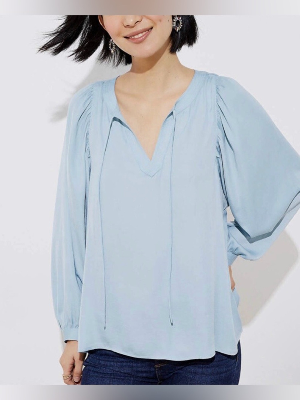 Loft Blouse NWT Blue Satin XL Boho Peasant Career Romantic